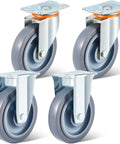 Five Inch Rubber Caster Wheels With Two Swivel And Two Rigid Rollers Non Marking Silent Drive Built Tough Heavy Duty Rigging For Smooth Cruising Upgrades And Top Shelf Reliability Daily, gray rubber wheels with zinc plated steel mounts.