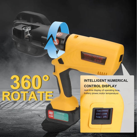 Heavy Duty 12 Ton Electric Hydraulic Cable Crimping Machine With Digital Readout And Eleven Premium Dies powered by a rechargeable battery.