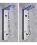 Premium Black Thermostatic Shower Mixer Panel With Slick LED Digital Temp Readout Top Shelf Rainfall Head And Killer Body Massage Sprays Hella Efficient Handheld Wand Quick Wall Mount Setup with water flowing from rainfall head.