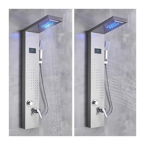 Top Shelf Matte Black Thermostatic Shower Tower Designed To Impress With Glowing LED Temp Monitor showing rainfall and handheld spray.