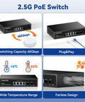 Six Port 2.5G PoE Switch With Four 2.5G PoE Ports And Two 10G SFP Slots, displaying features like 60Gbps capacity, plug-and-play, wide temperature range.
