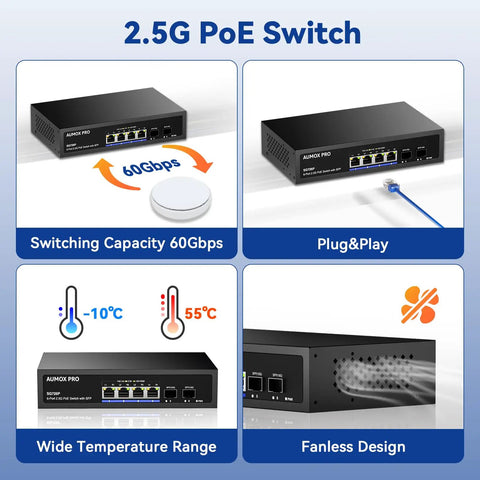 Six Port 2.5G PoE Switch With Four 2.5G PoE Ports And Two 10G SFP Slots, displaying features like 60Gbps capacity, plug-and-play, wide temperature range.