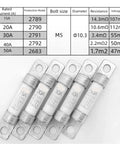 Badass Protection Rock Solid Electric Vehicle High Voltage DC Fuse 500 Volt 40 Amp Heavy Duty Automotive Replacement Circuit Protector For EV Motors And Battery Systems, showing various sizes and specifications.
