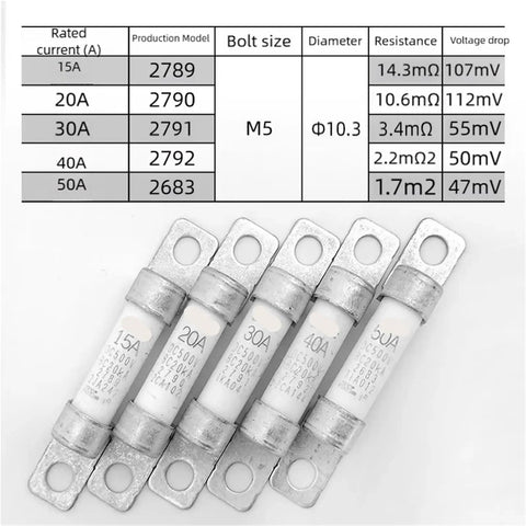 Badass Protection Rock Solid Electric Vehicle High Voltage DC Fuse 500 Volt 40 Amp Heavy Duty Automotive Replacement Circuit Protector For EV Motors And Battery Systems, showing various sizes and specifications.