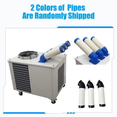 Ready To Roll 220V Industrial Portable Air Conditioner with adjustable outlets and interchangeable pipes, designed for outdoor projects.