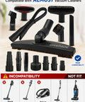 Versatile Vacuum Attachments And Brush Kit For Most Vacuums With Hardwood Floor Brush Head Wide Hose Adapters Dryer Vent Crevice Tool And Shop Vac Accessories For Superior Cleaning Power with compatibility details.