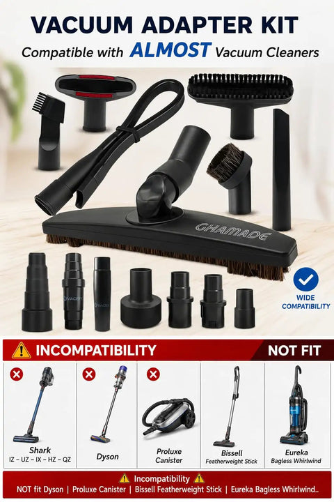 Versatile Vacuum Attachments And Brush Kit For Most Vacuums With Hardwood Floor Brush Head Wide Hose Adapters Dryer Vent Crevice Tool And Shop Vac Accessories For Superior Cleaning Power with compatibility details.