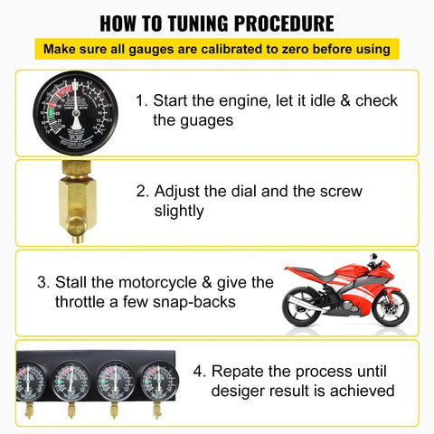 Fuel Vacuum Carburetor Synchronizer Tool Kit With 2 Inch Gauge Set And Rubber Hose For Motorcycle Tuning Carb Sync Gauge With Readouts From 0 To 76 cm Hg Shutoff Valve Chrome Finish Easy Spark Misfire Troubleshooting And Engine Performance, tuning steps diagram