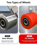 Two types of wheels for heavy-duty skate dolly: steel wheels for outdoor use and red PU wheels for indoor handling.