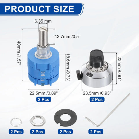 Two Pack 3590S-2 1K Ohm Rotary Potentiometer, Precision Multi Turn Wirewound Potentiometer with dimensions and accessories