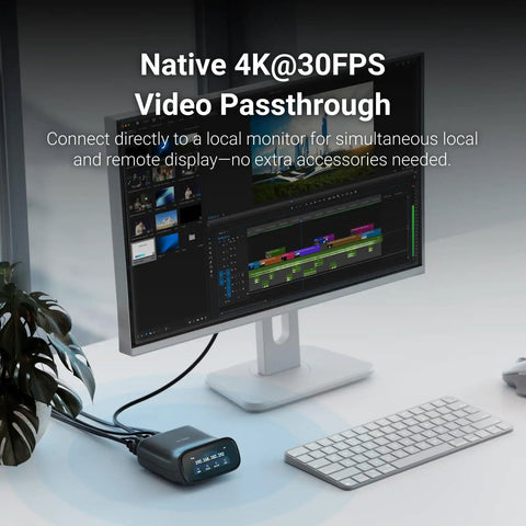 Comet Pro Remote KVM Over WiFi Dual Band WiFi 6 Desktop KVM with connected monitor showing 4K at 30 FPS video editing interface