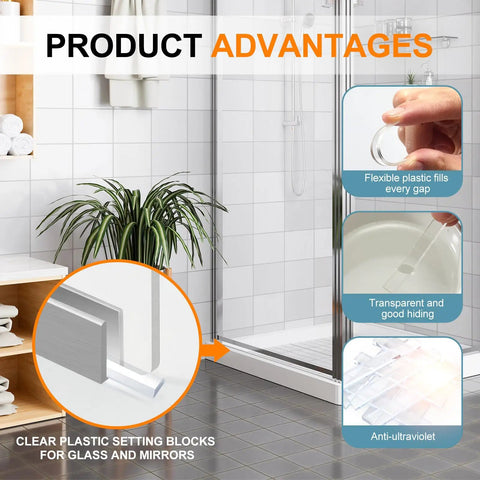 Bulk 200 Clear Plastic Setting Blocks For Glass Shower And Mirrors One Eighth Inch Thick By One Quarter Inch Wide By Two Inch Long Shims For Window Or Bathroom Mounting And Kitchen Projects in shower installation graphic