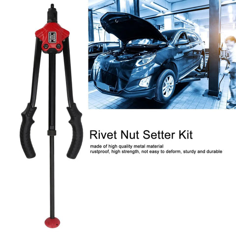 14 Inch Hand Blind Rivet Nut Setter Kit With 6 Interchangeable Mandrels showing anti slip curved handle next to car repair scene