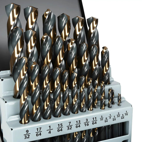 Heavy Duty HSS Drill Bit Set 1/16 To 1/2 Inch With Black And Gold Oxide Finish M2 Jobber Length Twist Bits 29-Piece With Index Case