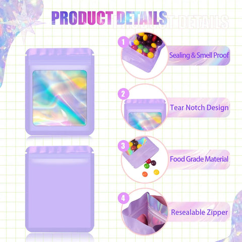 100 Pack Holographic Mylar Resealable Bags 3x3 Inch With Clear Window For Candy Snacks Small Biz Storage Smell Proof Packaging Black Color Great For Giftable Display And Freshness details