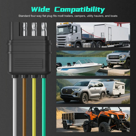 Heavy Duty 4 Pin Trailer Connector Harness Extension 80 Inch Flat Wiring Kit with four-way plug for various trailers and boats.