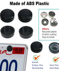 Black Anti Theft License Plate Screws Kit with ABS caps shown with license plate close-up.