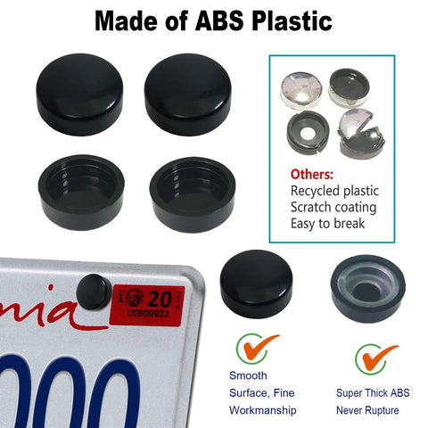 Black Anti Theft License Plate Screws Kit with ABS caps shown with license plate close-up.