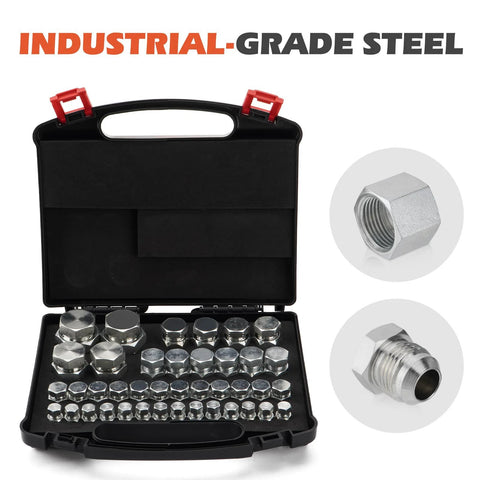 SPARKWHIZ 80pcs JIC 37° flare cap and plug kit in a black carrying case; zinc-plated hydraulic fittings, sizes 4–16