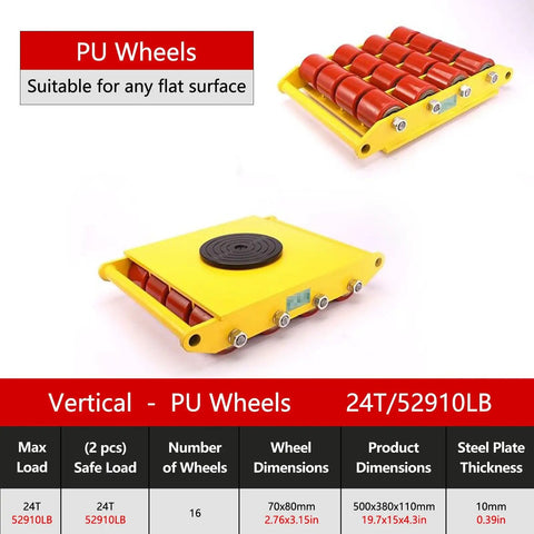 Badass Heavy Duty Moving Skates With 360 Degree Swivel And Non Slip Pads Rock Solid Carbon Steel Equipment Rollers For Factory And Warehouse Workloads Smooth Ride Load Movers Set Of Four shown with PU wheels for heavy load support.