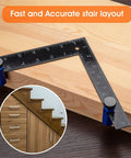 Built Rock Solid Aluminum Stair Gauges For Framing Square Non Slip Layout Stops With Carry Holder Heavy Duty Carpenter Marking Tools Dead On Accuracy Smooth Woodworking Setup Blue on wooden surface with detailed ruler placement.