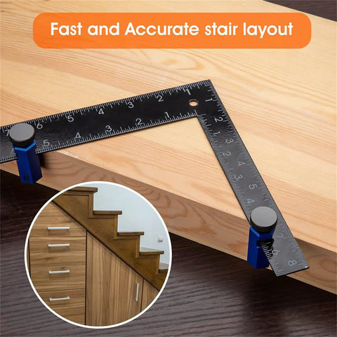 Built Rock Solid Aluminum Stair Gauges For Framing Square Non Slip Layout Stops With Carry Holder Heavy Duty Carpenter Marking Tools Dead On Accuracy Smooth Woodworking Setup Blue on wooden surface with detailed ruler placement.
