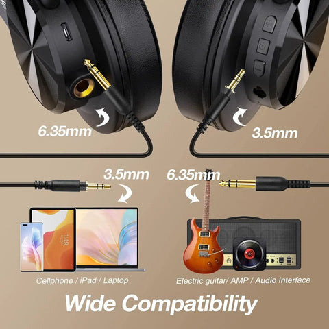 Dual Mode Bluetooth Over Ear Headphones With 72 Hour Battery Life, Hi-Res Audio, Built-In Mic, Wired Or Wireless Setup, jacks shown