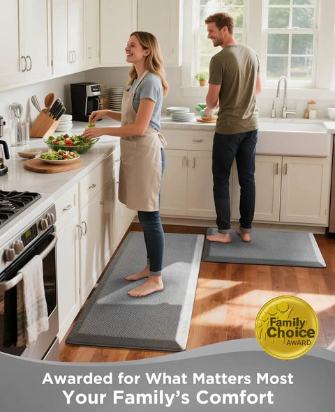 People using Ergonomic Anti Fatigue Mat For Kitchen And Office 20 By 32 Inch Cushioned Standing Pad with Memory Foam on kitchen floor