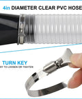 Heavy Duty 4 Inch By 50 Foot PVC Dust Collection Hose with stainless steel clamp, clear flexible hose for woodworking dust control.