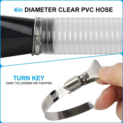 Heavy Duty 4 Inch By 50 Foot PVC Dust Collection Hose with stainless steel clamp, clear flexible hose for woodworking dust control.