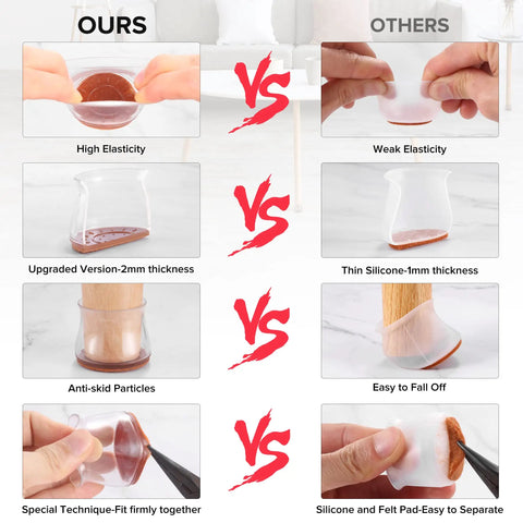 Comparison chart of 24 Pack Upgraded Silicone Chair Leg Protectors For Hardwood Floors vs Other brands showing differences in elasticity, thickness, and fit.