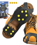 Winter Ice Cleats For Boots And Shoes With 10 Stainless Steel Spikes, Anti Slip Rubber Crampons on tan boot displayed
