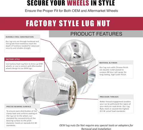 OEM Style Lug Nuts 20 Pcs M12x1.25 12x1.25 Thread Chrome Finish 1.2 Inch Long 3/4 Inch 19mm Hex Conical Seat Lug Nuts Product Features