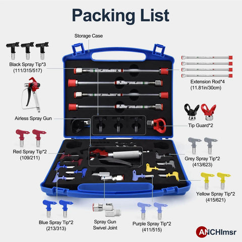 Professional 22 Piece Airless Spray Gun Kit With 3600 PSI High Pressure Paint Sprayer And 13 Interchangeable Tips in storage case.