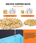 All In One Heat Set Insert Tool Kit With 200 Brass Inserts And 90W Soldering Iron For 3D Printing Pro Builds M2 Through M8 Knurled Nuts On PLA ABS PETG showing brass nuts and usage