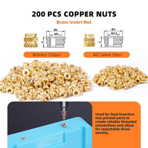 All In One Heat Set Insert Tool Kit With 200 Brass Inserts And 90W Soldering Iron For 3D Printing Pro Builds M2 Through M8 Knurled Nuts On PLA ABS PETG showing brass nuts and usage