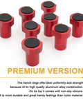 8 Pack 3/4 Inch Lightweight Aluminum Bench Dogs Non Slip Woodworking Clamp Set For Dog Holes Red Heavy Duty Non Skid workbench stoppers viewed from above.