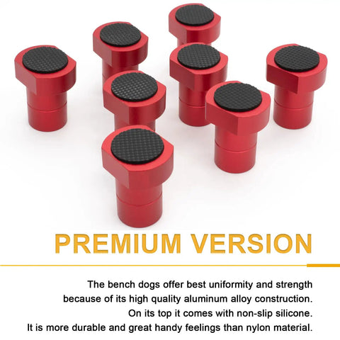 8 Pack 3/4 Inch Lightweight Aluminum Bench Dogs Non Slip Woodworking Clamp Set For Dog Holes Red Heavy Duty Non Skid workbench stoppers viewed from above.