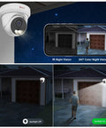 4K 16 Channel PoE Security Camera System installed on garage displaying 100ft night vision and auto color on detect feature.