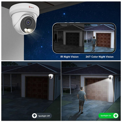 4K 16 Channel PoE Security Camera System installed on garage displaying 100ft night vision and auto color on detect feature.