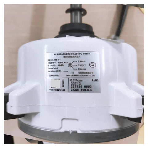 Air Conditioner External Motor Replacement ZKSN-100-8-4 DC Brushless 100W Electric Fan Motor close-up label view.