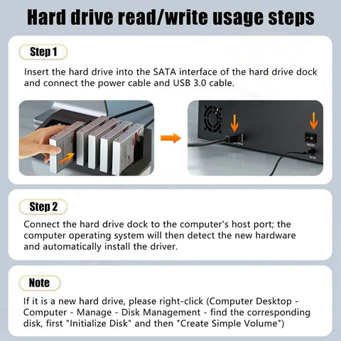 Hard drive read/write steps for Five Bay Hard Drive Enclosure Copier Box For Offline Cloning Sata Ssd And Hdd Delivering 5Gbps Through Usb 3.0.