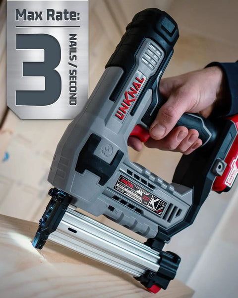 Kickass Cordless Brad Nailer Kit Cruises Through 18 Gauge Trim Work showcasing grip and firing mechanism for precision nailing.