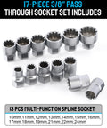 Go Through Socket Set With Three Eighths And One Half Inch Drive, Seventeen Piece Metric Ratchet Kit With Low Profile