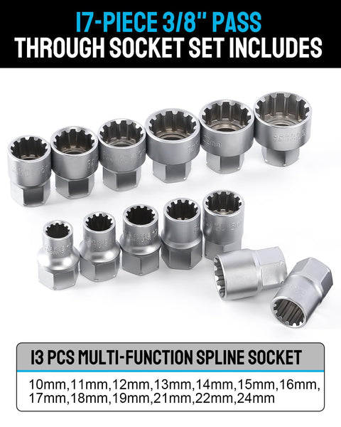 Go Through Socket Set With Three Eighths And One Half Inch Drive, Seventeen Piece Metric Ratchet Kit With Low Profile