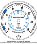 MEASUREMAN manifold pressure test gauge with 0-35 in WC scale and blue inner dial.