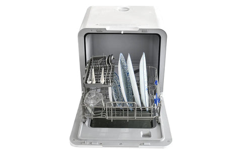 Portable Countertop Dishwasher Plug And Play With Six Liter Water Tank For Apartments Rv And Dorms showing loaded dishes.