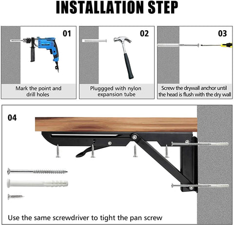 Installation steps for 16 Inch Folding Shelf Brackets Set Of 2 Heavy Duty Stainless Steel Collapsible Triangle Shelf Brackets