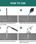Installation guide for Five Eighth Inch Concrete Anchor Bolts, Six Inch Length, Ten Pack, showing four-step process.