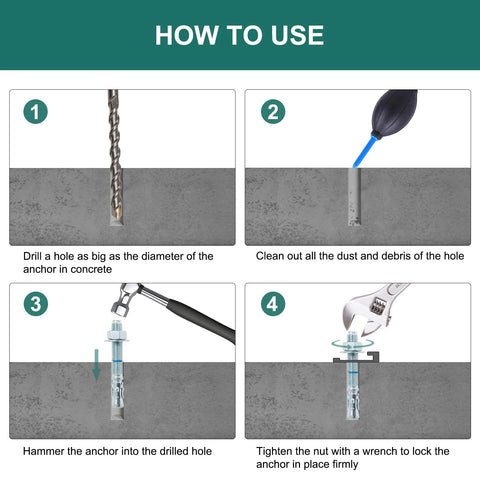 Installation guide for Five Eighth Inch Concrete Anchor Bolts, Six Inch Length, Ten Pack, showing four-step process.